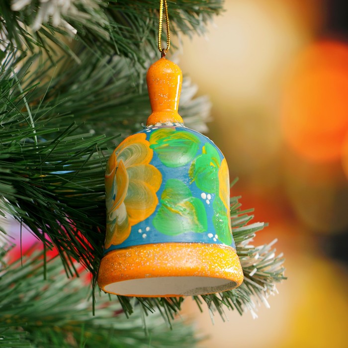 Подвеска новогодняя «Колокольчик», оранжевый цветок, голубой фон, 8 см