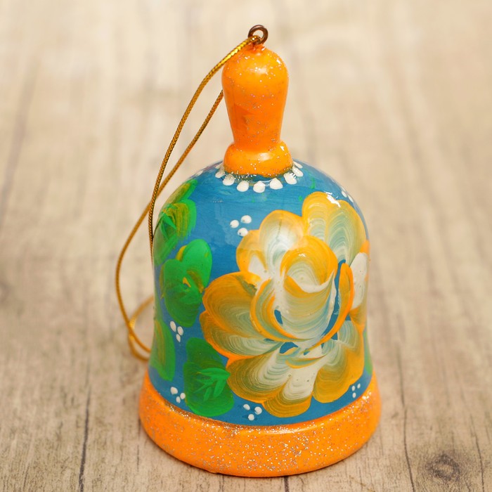 Подвеска новогодняя «Колокольчик», оранжевый цветок, голубой фон, 8 см