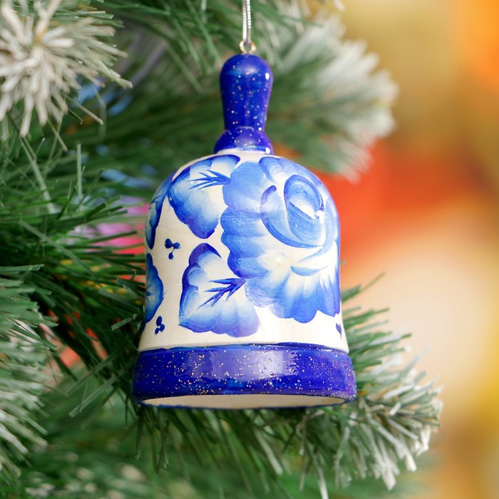 Подвеска новогодняя «Колокольчик», синяя гжель, 7 см