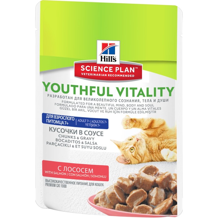 Влажный корм Hill's Cat senior youthful vitality для кошек с 7 лет, лосось, пауч, 85 г
