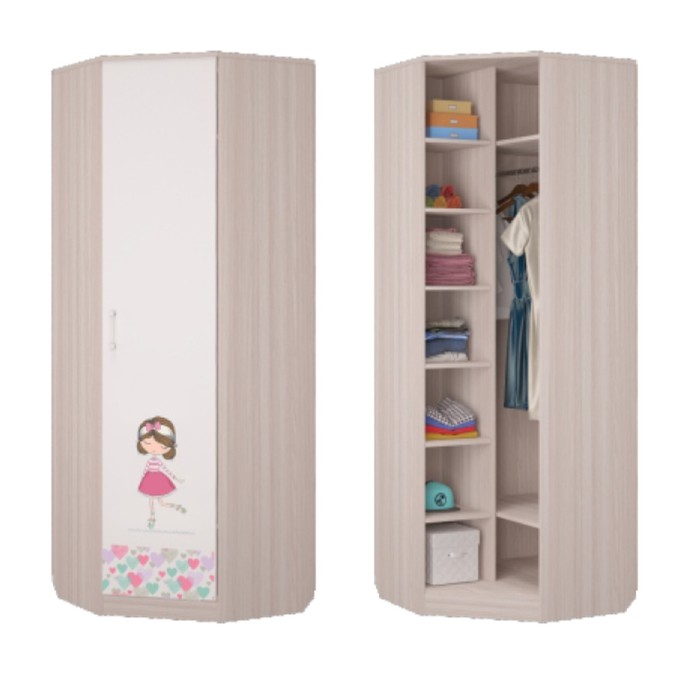 Шкаф для платья и белья угловой Адель, 761х761х2136, Ясень светлый/Белый