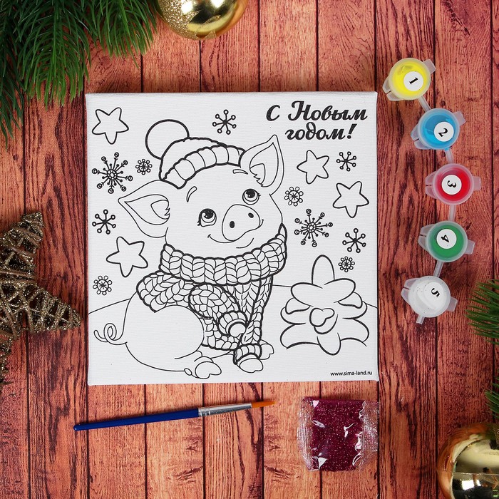 Роспись по холсту "Свинка", 15 х 15 см