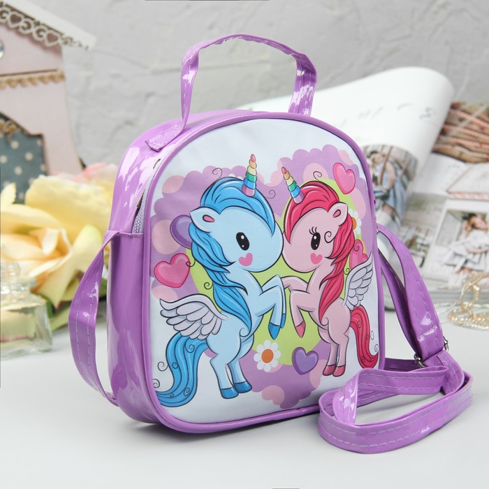 Сумка детская "Единороги", отдел на молнии, регулируемый ремень, цвет сиреневый