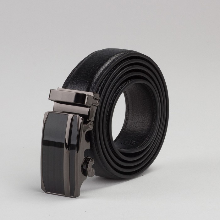 Ремень мужской, 2 строчки, пряжка автомат под тёмный металл, цвет чёрный гладкий