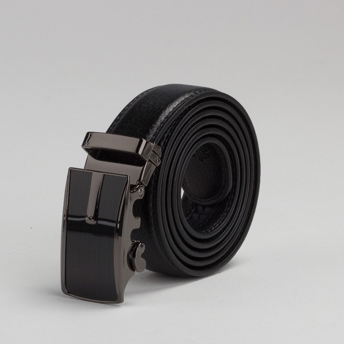Ремень мужской, 2 строчки, пряжка автомат под тёмный металл, цвет чёрный гладкий