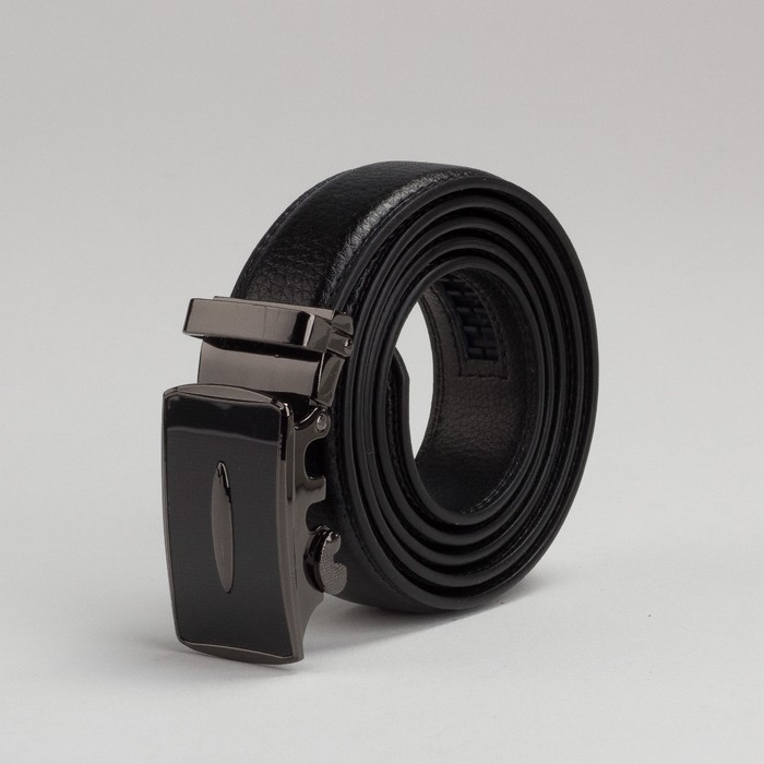 Ремень мужской, 2 строчки, пряжка автомат под тёмный металл, цвет чёрный гладкий