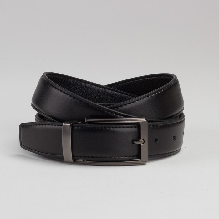 Ремень мужской, 2 строчки, пряжка под тёмный металл, цвет чёрный гладкий