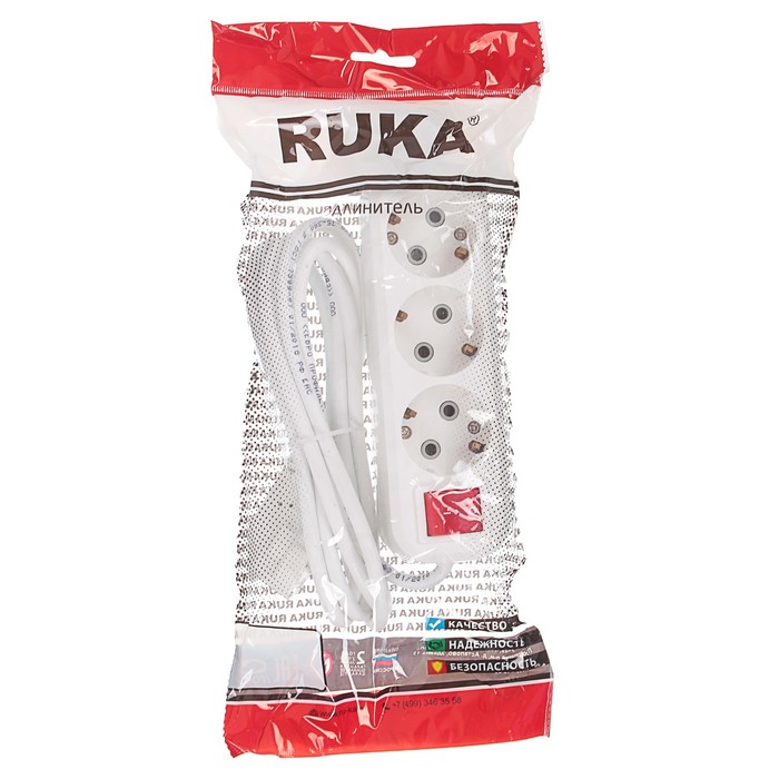 Удлинитель RUKA, 3 розетки, 2 м, 16 А, с з/к, с выключателем, 32.74.311.0402,
