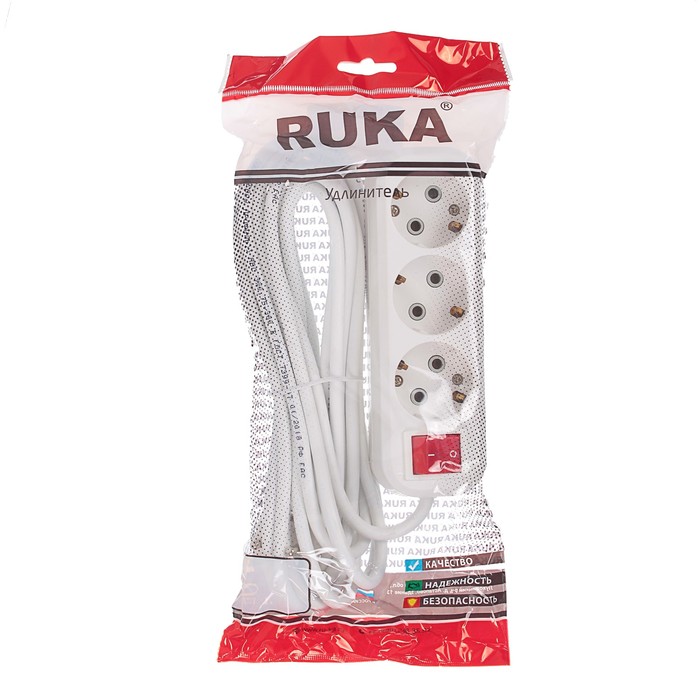 Удлинитель RUKA, 3 розетки, 5 м, 16 А, с з/к, с выключателем, 32.74.311.0405,