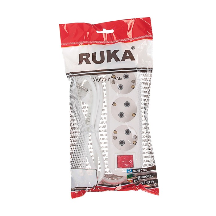 Удлинитель RUKA, 3 розетки, 1.5 м, 16 А, с з/к, с выключателем, 32.74.311.0450,