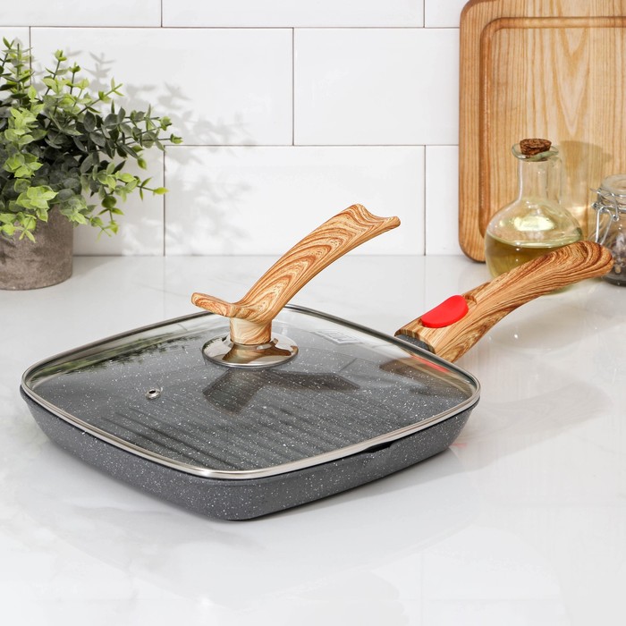 Сковорода-гриль 24х3,5 см "Мрамор. Индукция", стеклянная крышка, съемная ручка