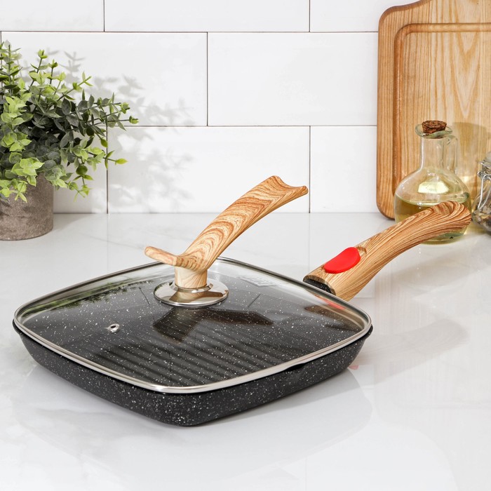 Сковорода-гриль "Гранит" 24,5х3,5 см стеклянная крышка, съемная ручка, индукция