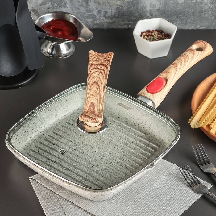 Сковорода-гриль "Фианит" 24,5х3,5 см стеклянная крышка, съемная ручка, индукция