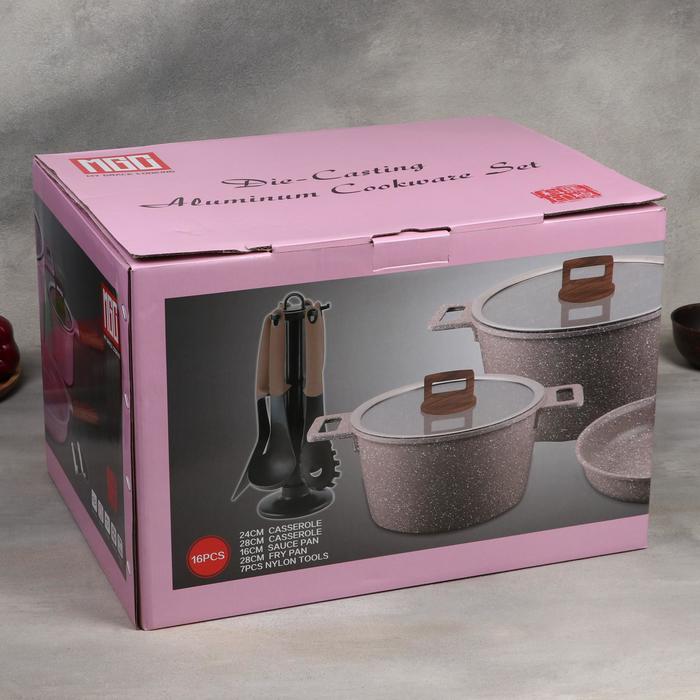 Набор посуды "Гранд", 4 предмета: кастрюли 8/6 л, сковорода 30х4,5 см, ковш 2 л 18х9,5 см, набор приборов 6 шт