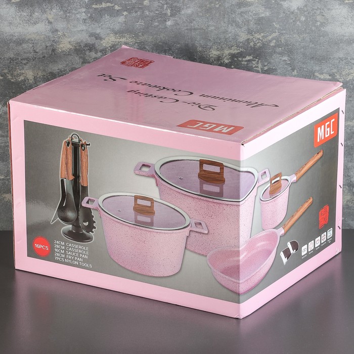 Набор посуды "Гранд", 4 предмета: кастрюли 8/6 л, сковорода 30х4,5 см, ковш 2 л 18х9,5 см, набор приборов 6 шт