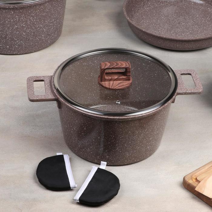 Набор посуды "Гранд", 4 предмета: кастрюли 8/6 л, сковорода 30х4,5 см, ковш 2 л 18х9,5 см, набор приборов 6 шт