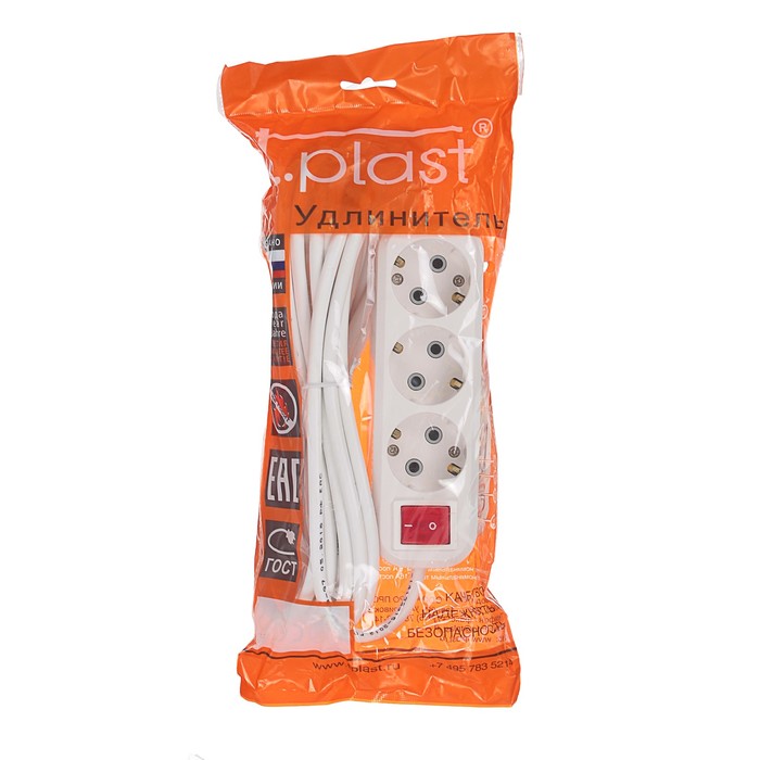 Удлинитель T.plast, 3 розетки, 5 м, 16 А, с з/к, с выключателем, 32.75.311.0405,