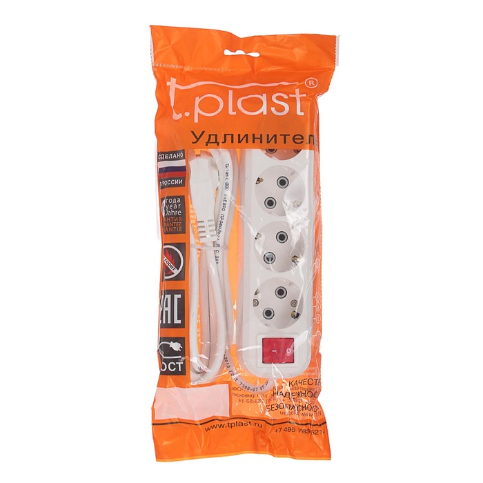 Удлинитель T.plast, 4 розетки, 3 м, 16 А, с з/к, с выключателем, 32.75.411.0403,