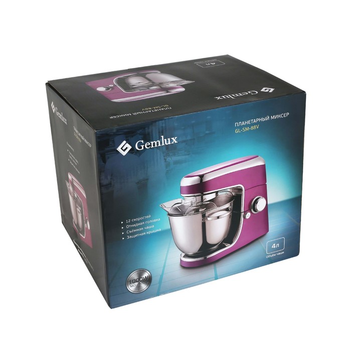 Миксер Gemlux GL-SM-88V, планетарный, 12 скоростей, 4 л, 3 мешалки, 25-220 об/мин,фиолетовый 38009