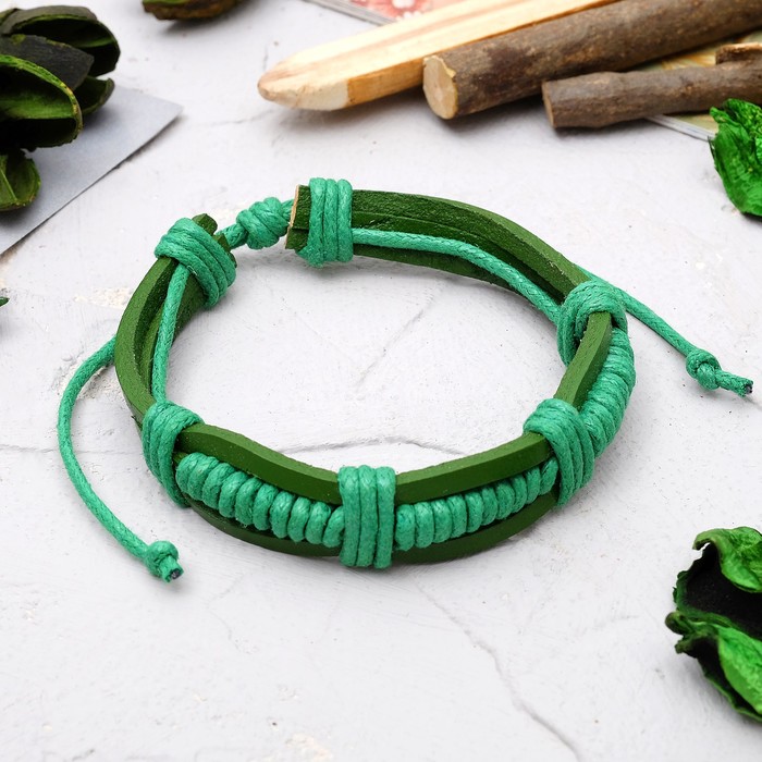 Браслет кожа "Переплетение", цвет зелёный