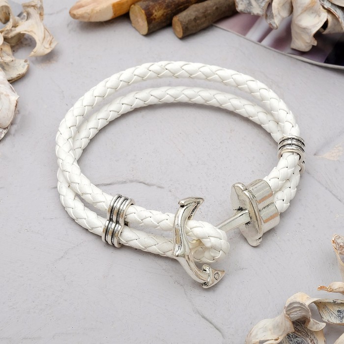 Браслет кожа "Якорь", цвет белый