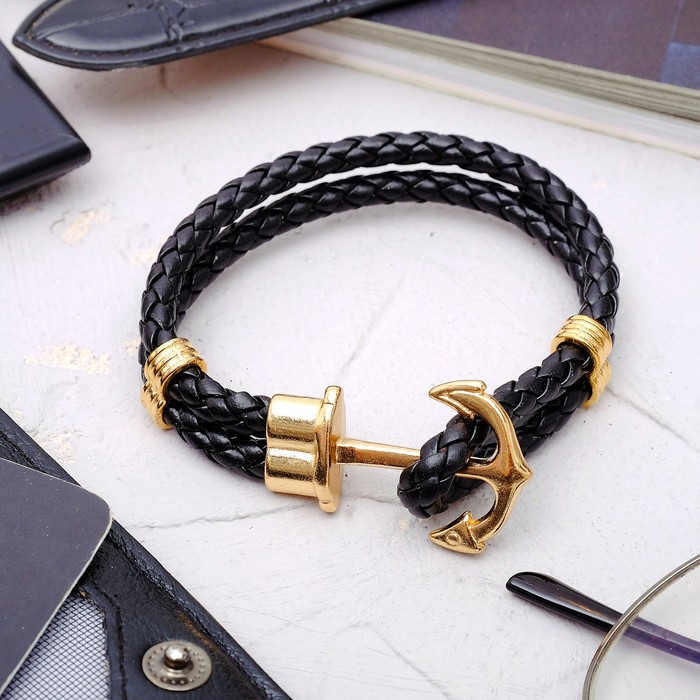 Браслет кожа "Якорь", цвет чёрный