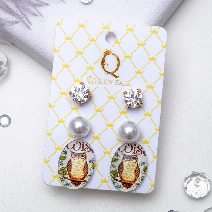 Пусеты 3 пары "Овал" сова на веточке, цветные в золоте