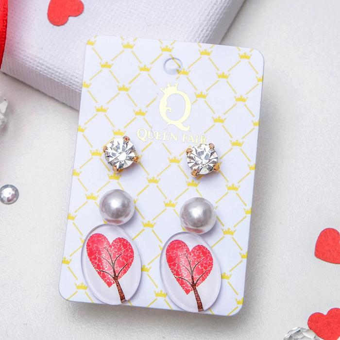 Пусеты 3 пары "Овал" сердце на дереве, цветные в золоте