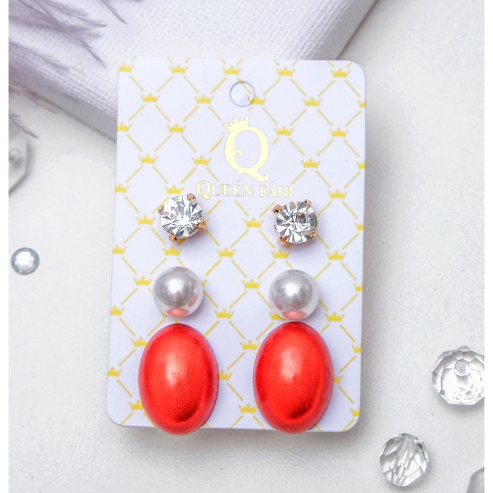 Пусеты 3 пары "Овал" переливающийся, цвет бело-красный в золоте