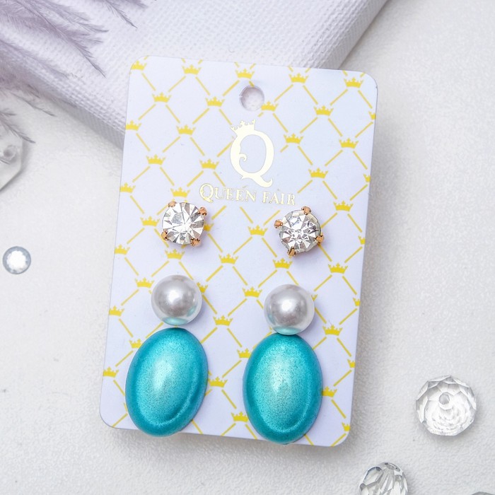 Пусеты 3 пары "Овал" переливающийся, цвет бело-голубой в золоте