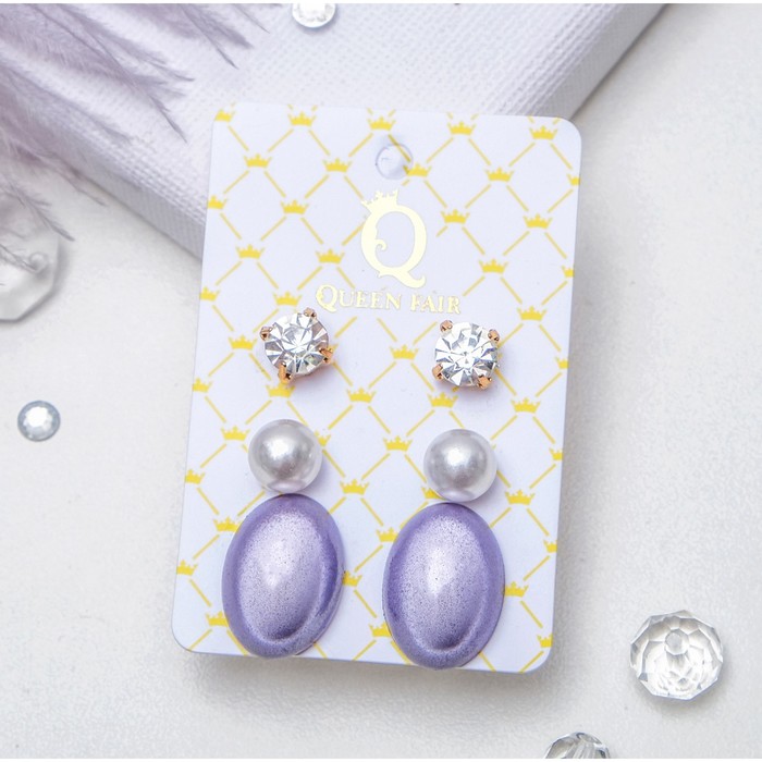 Пусеты 3 пары "Овал" переливающийся, цвет бело-сиреневый в золоте