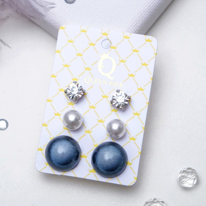 Пусеты 3 пары "Круг" переливающийся, цвет бело-синий в серебре