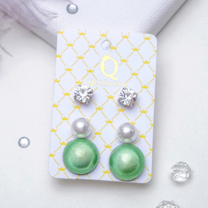 Пусеты 3 пары "Круг" переливающийся, цвет бело-зелёный в серебре