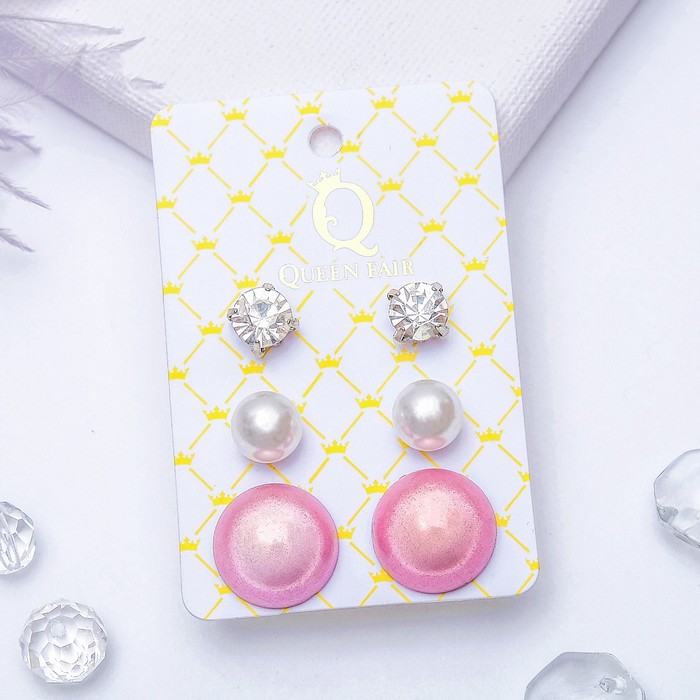 Пусеты 3 пары "Круг" переливающийся, цвет бело-розовый в серебре