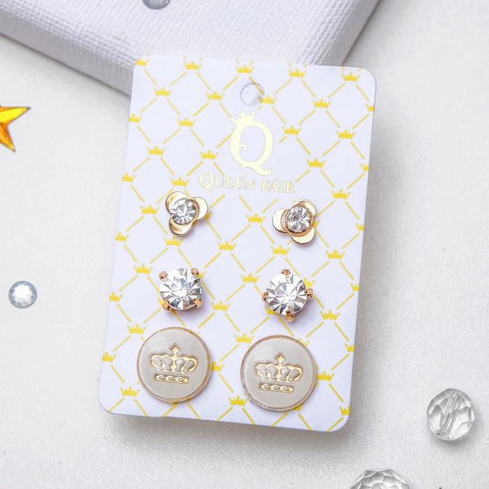 Пусеты 3 пары "Корона" в круге, цвет белый в золоте