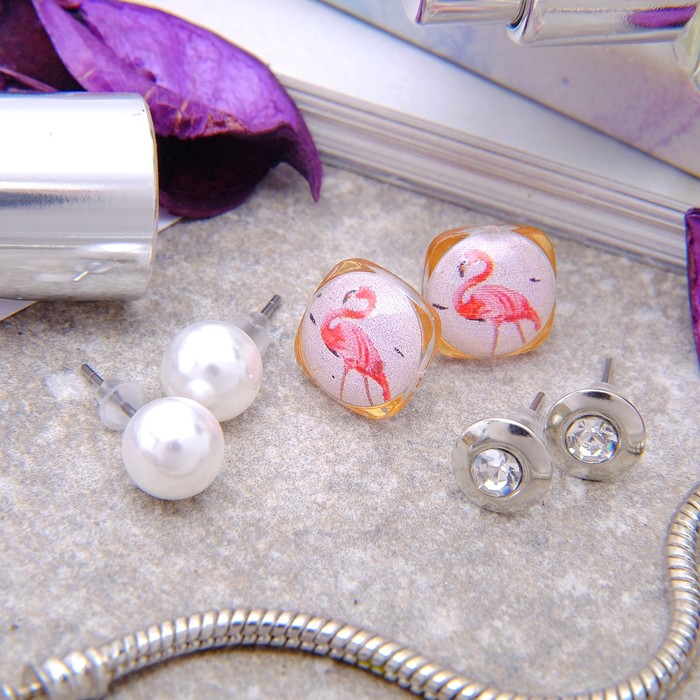 Пусеты 3 пары "Фламинго" в сердце, цвет бело-розовый в серебре