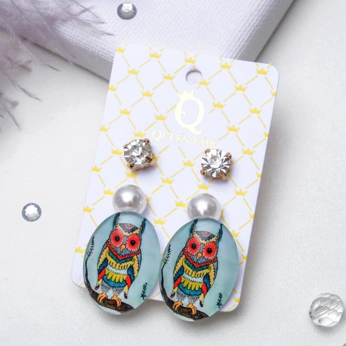 Пусеты 3 пары "Капля" совы, цветные в золоте