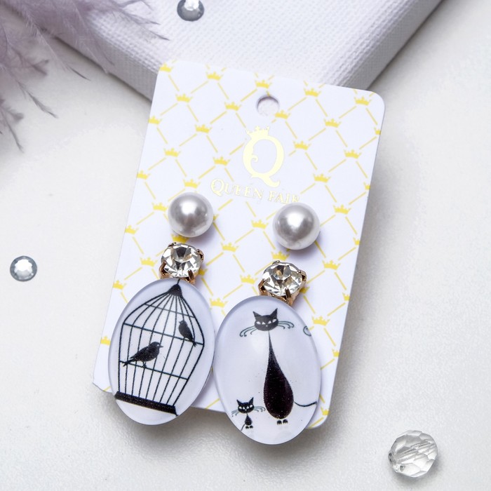 Пусеты 3 пары "Капля" кошечки и птички, цвет бело-чёрный в золоте