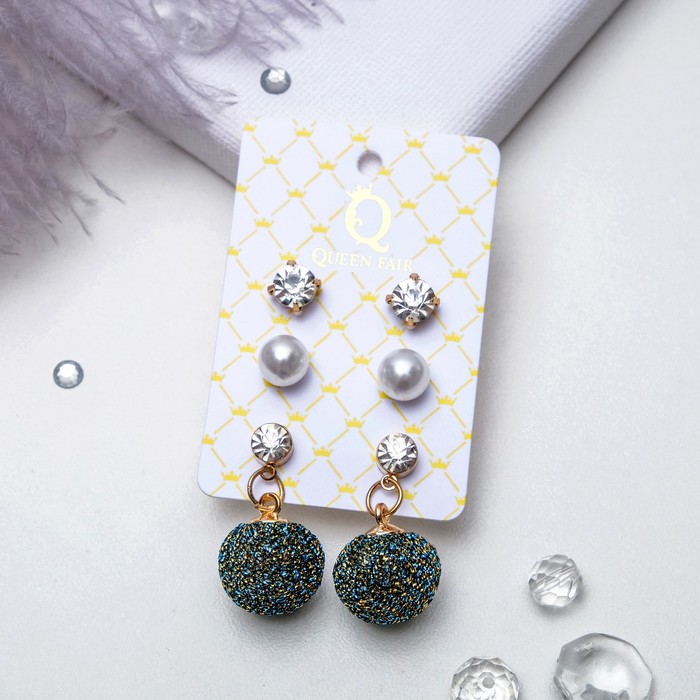 Пусеты 3 пары "Дискотека", цвет сине-белый в золоте