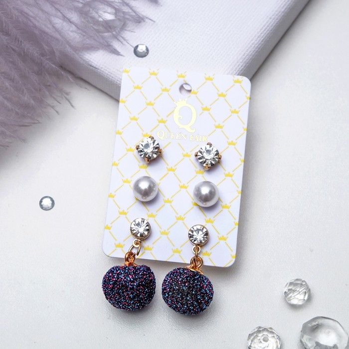 Пусеты 3 пары "Дискотека", цвет сине-малиновый в золоте