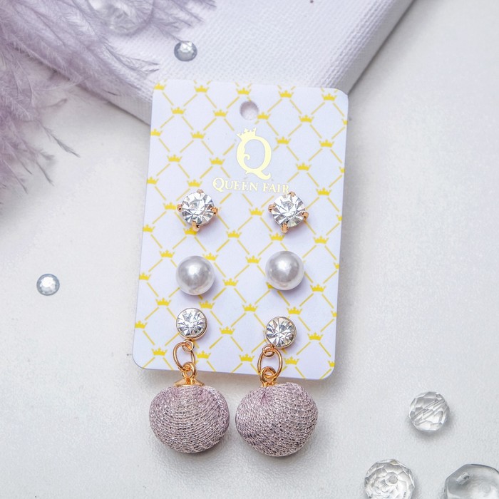 Пусеты 3 пары "Дискотека", цвет розово-белый в серебре