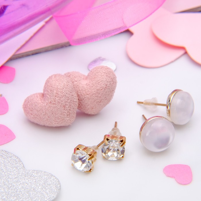 Пусеты 3 пары "Сердце" объёмное, цвет розово-белый в золоте