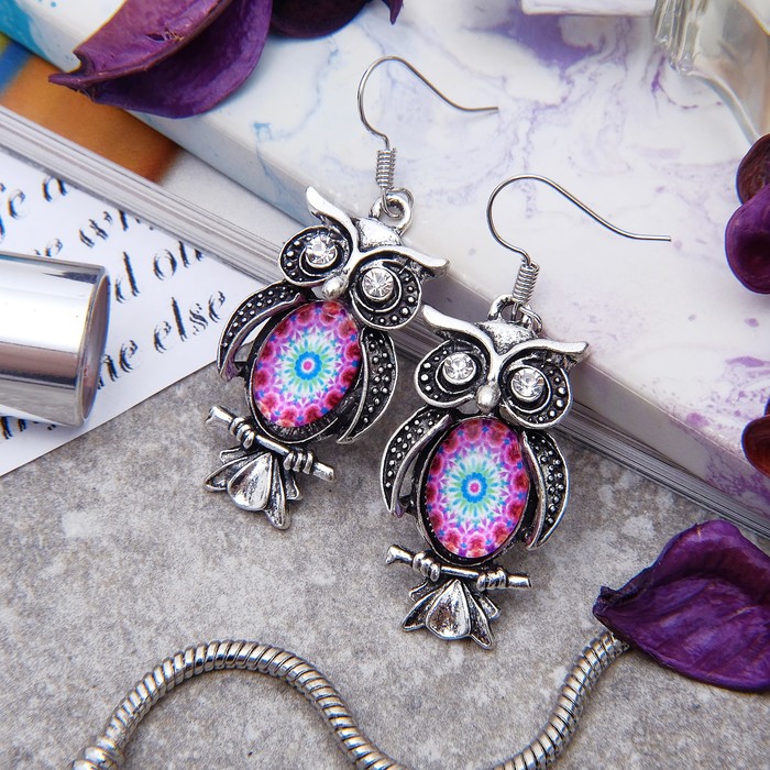 Серьги из стекла Candy совушка, цветные в чернёном серебре