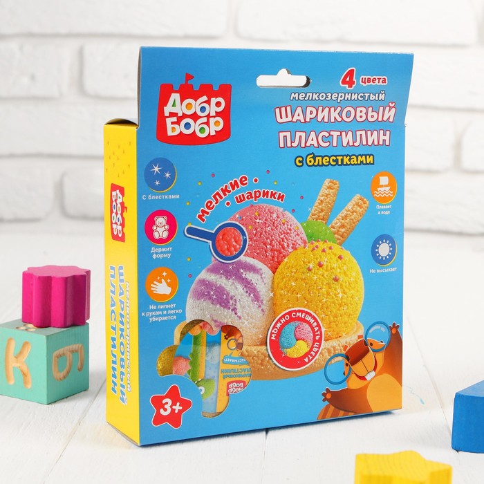 Набор шарикового мелкозернистого пластилина с блёстками "ДобрБобр", 4 цвета