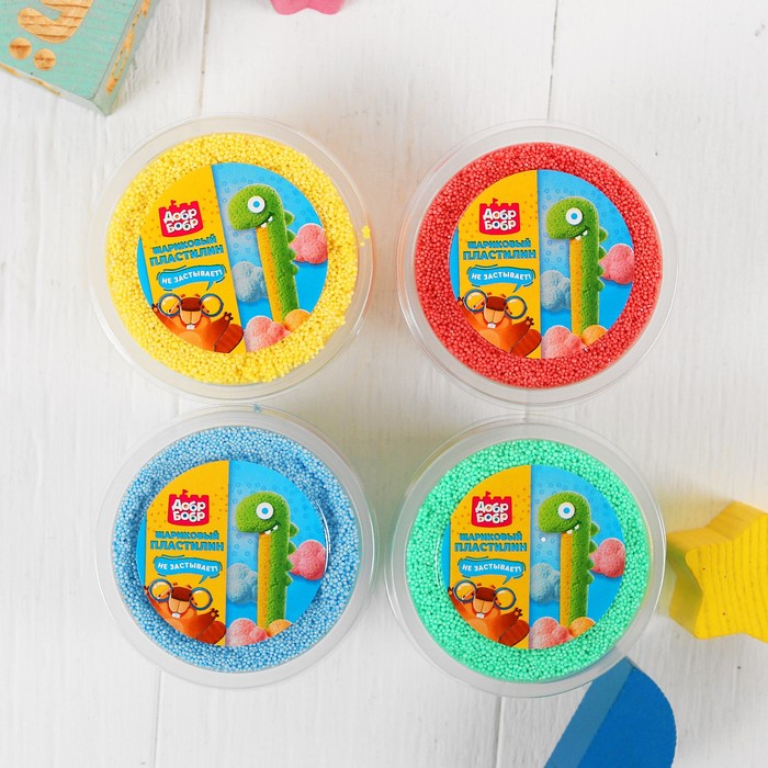 Набор шарикового мелкозернистого пластилина с блёстками "ДобрБобр", 4 цвета