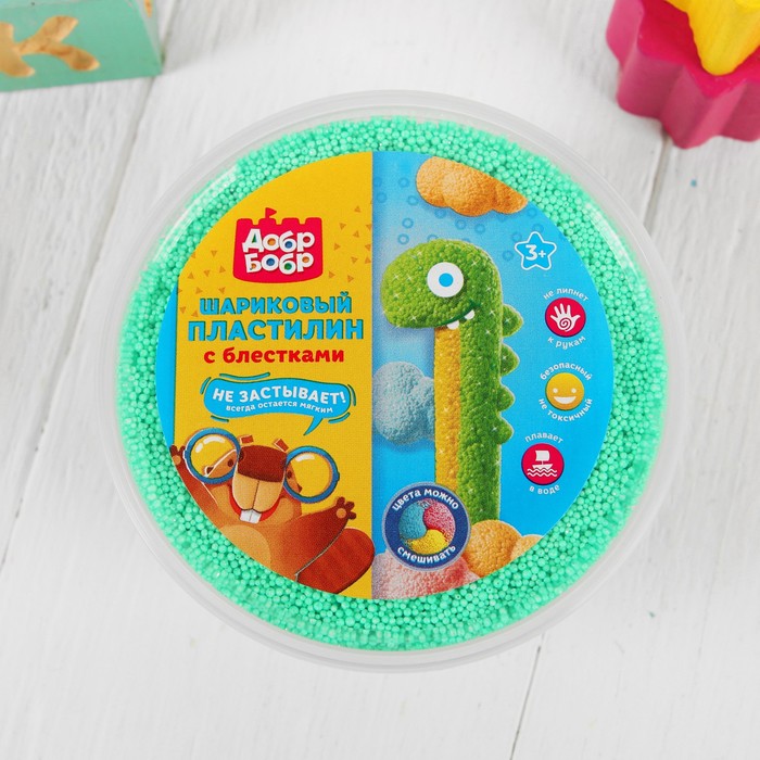 Шариковый пластилин "ДобрБобр" мелкозернистый с блёстками, 200 мл, изумрудный