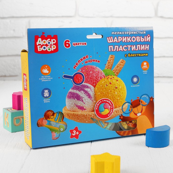 Набор шарикового мелкозернистого пластилина с блёстками "ДобрБобр", 6 цветов
