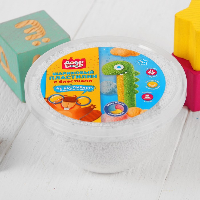 Шариковый пластилин "ДобрБобр" мелкозернистый с блёстками, 200 мл, белый