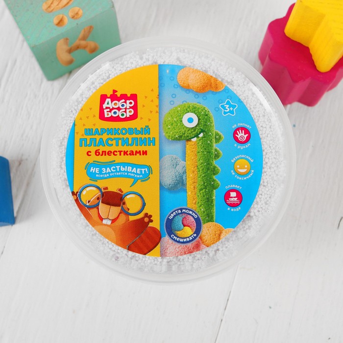 Шариковый пластилин "ДобрБобр" мелкозернистый с блёстками, 200 мл, белый