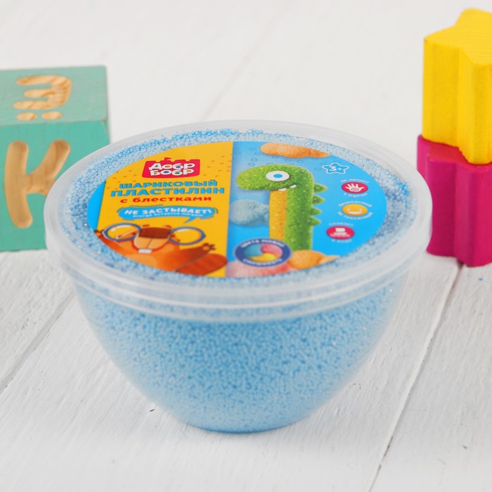 Шариковый пластилин "ДобрБобр" мелкозернистый с блёстками, 200 мл, голубой